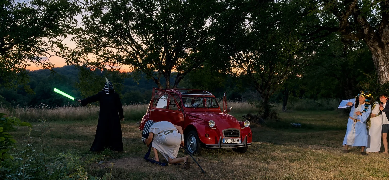 Le Coup de Trafalgar joué en extérieur au crépuscule, autour d'une 2CV rouge